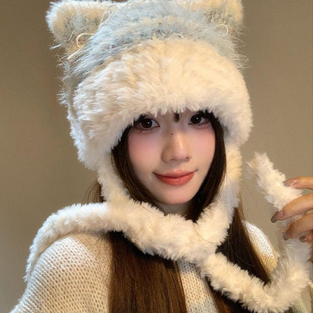 Cold-proof Faux Fur Beanies Hat Cat Ear Knitted Bobble Cap Fashion Mongolian Hat Women Accessories