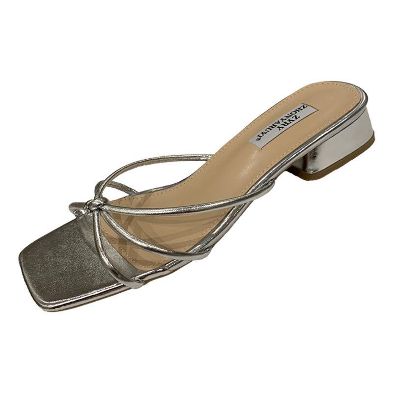 French Evening Breeze Sandals Outside Women's Shoes Spring and Summer 2024 New Silver Square Head with Skirt Thick Heel Sandals