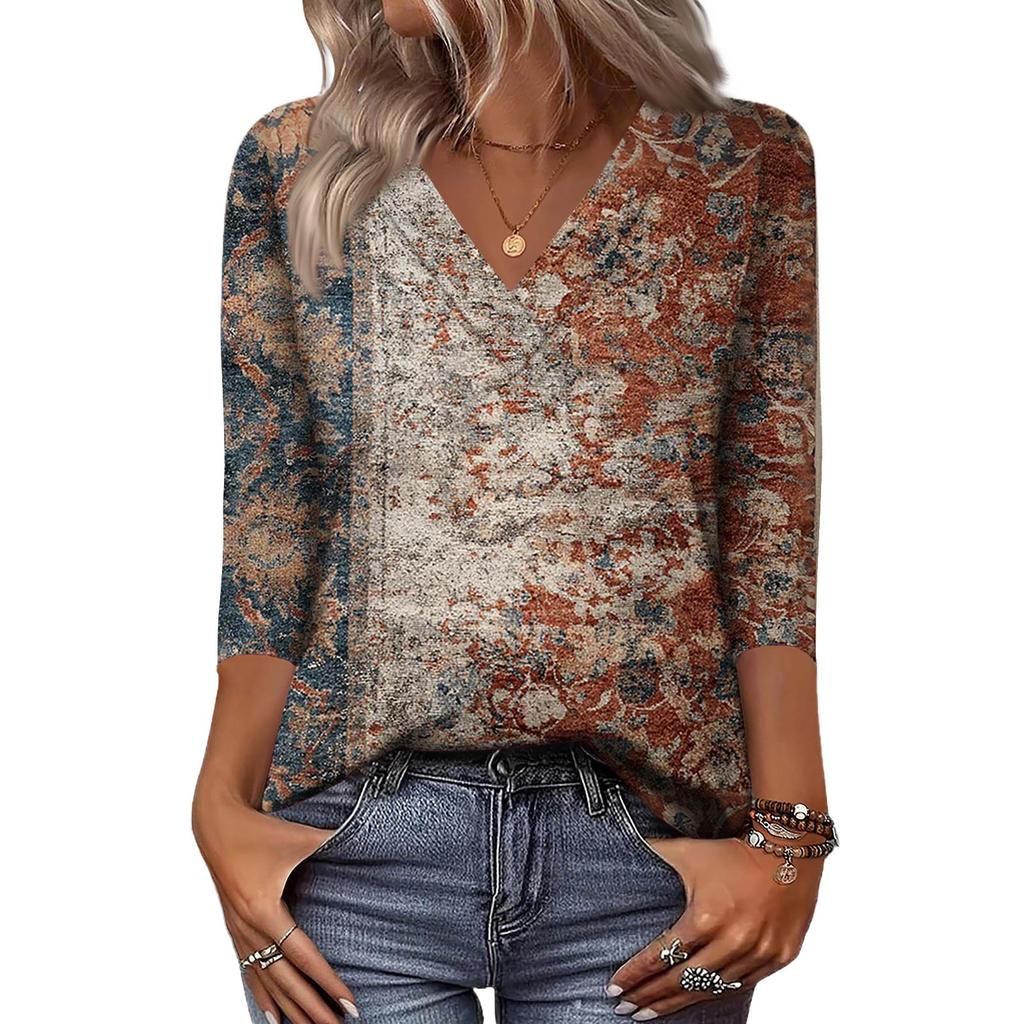 Women's 3/4 Sleeve Shirts V Neck Print Tops Casual Tops Basic Tees Blouse Loose Tops