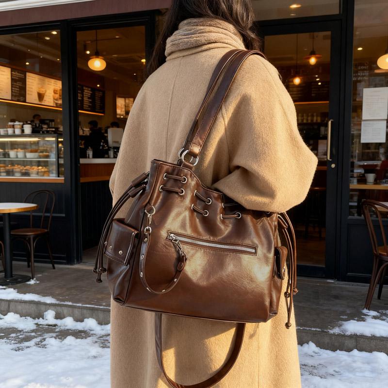 Трендовый рюкзак на шнурке, многокарманная кожаная сумка, стильная женская сумка через плечо