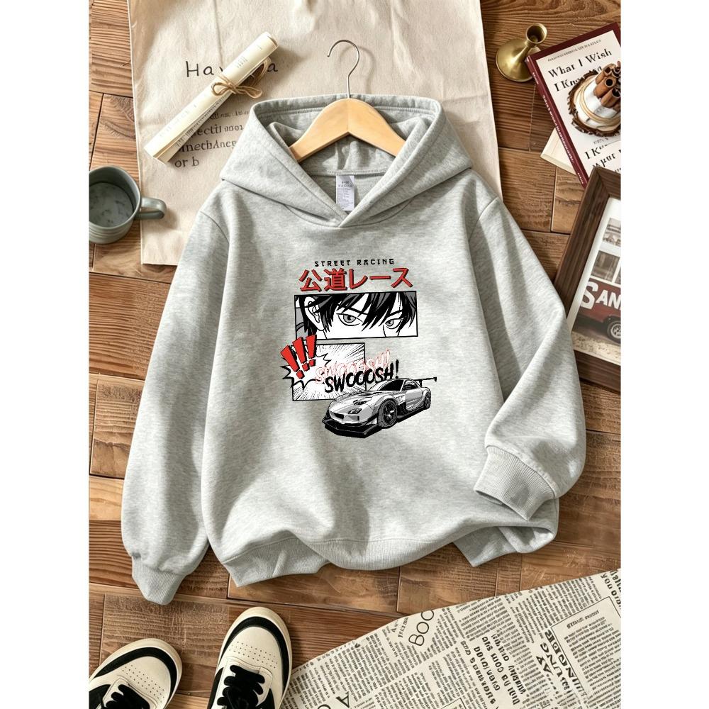 Comic Sports Car Japanese Text Printing Casual and Comfortable Hooded Sweater Cool Style Children's Long-sleeved Pullover