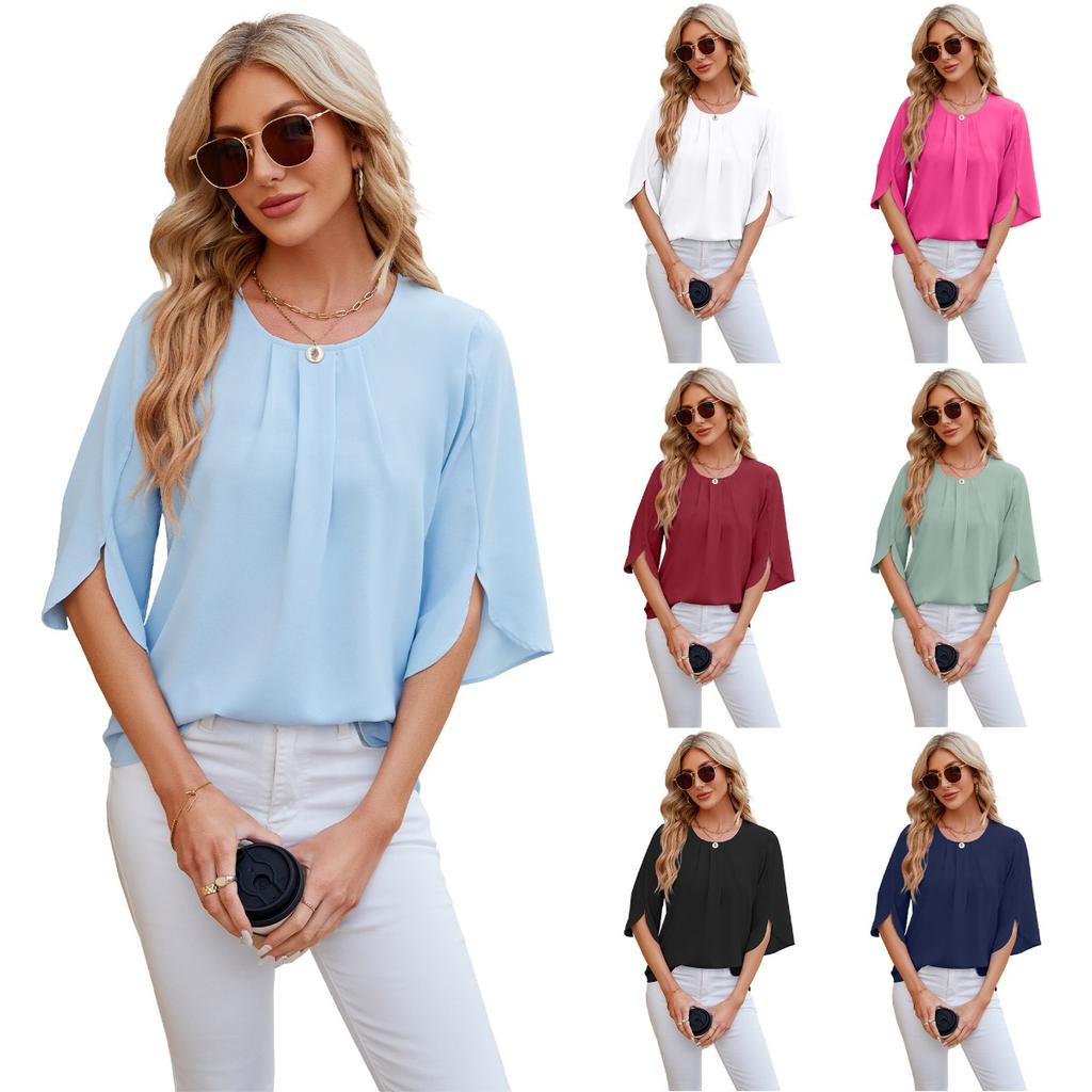 Solid Colour Round Neck Five-quarter Sleeve Short Sleeve,loose Chiffon Shirt Tops for Women