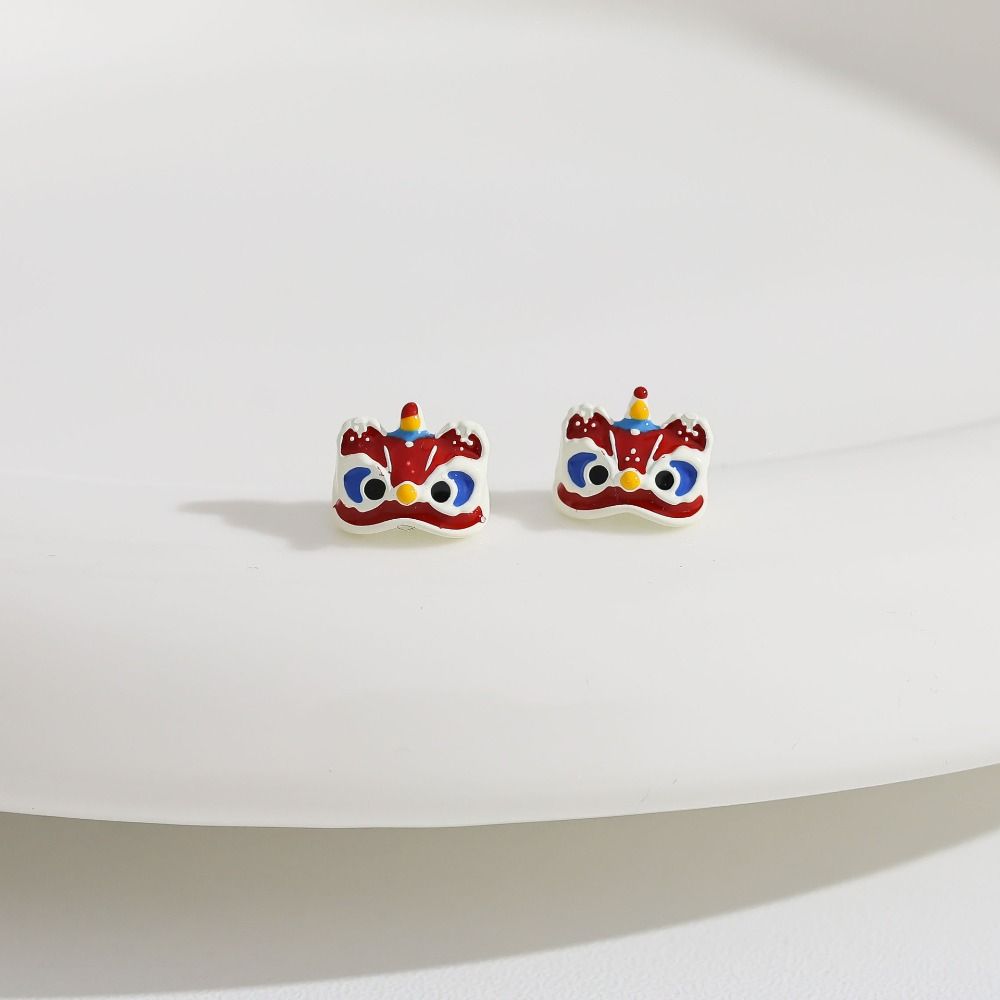 Cartoon Awakened Lion Earrings Good Luck Bell Ear Studs Lion Dance Earrings Set New Year Gift