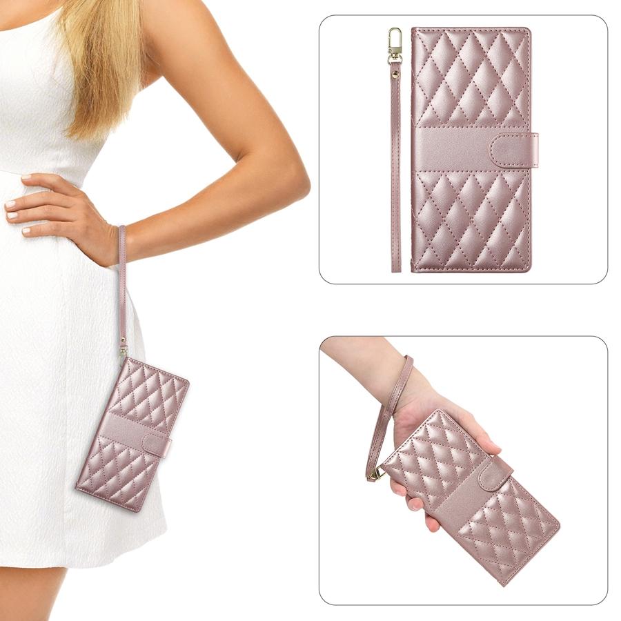 Чехол для телефона из высококачественной искусственной кожи с ромбовидной стежкой, фоторамкой и карманом для денег для iPhone, Samsung, Google, съемный ремешок на запястье