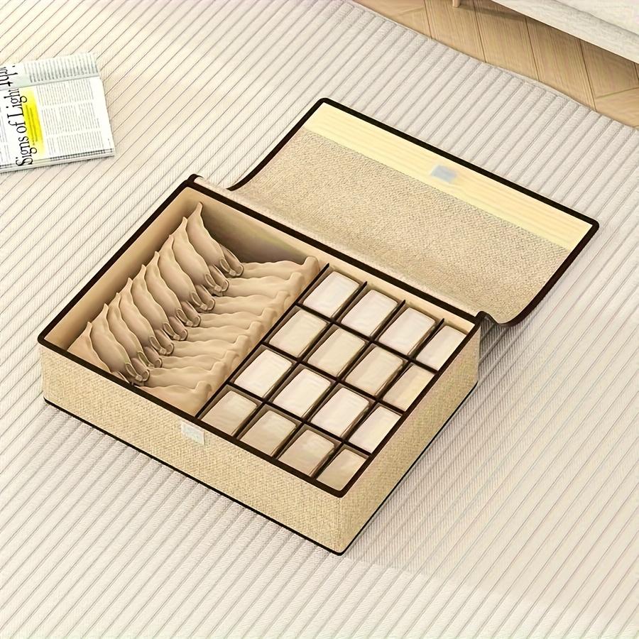 2-in-1 Foldable Fabric Storage Box with Lid, 13/17 Compartments, Beige/Grey Drawer Organizer for Bras, Socks, Ties, Space-Saving Closet Organizer