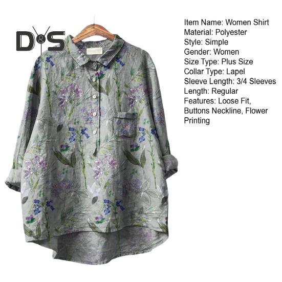 Женская рубашка с лацканами и пуговицами на рукавах 3/4, рубашка с вырезом, топы с цветочным принтом, свободная посадка, повседневная рубашка, тонкая блузка, уличная одежда