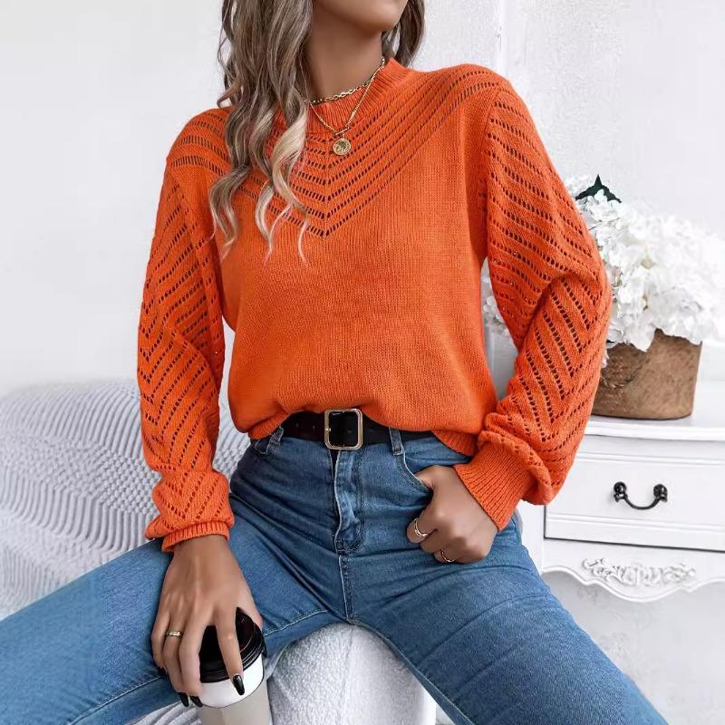 Elegant Round Neck Hollow Out Long Sleeve Pullover Sweater Women 2025 Fashion Sweet Autumn and Winter Casual Knitted Tops Solid Color Office Clothing