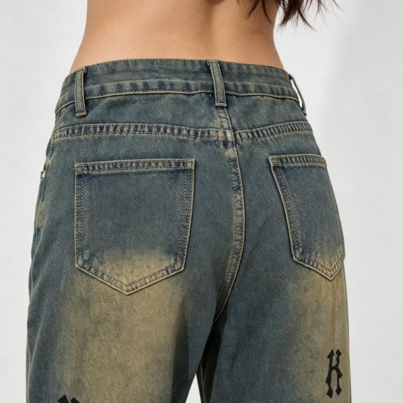 Womens High-Waist Straight Leg Jeans Vintage Washed Cotton Denim Wide Pants Non-Stretch