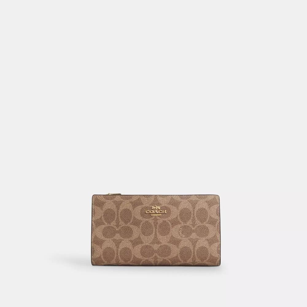 Coach Slim Zip Wallet In Signature Canvas Gold Tan Brown