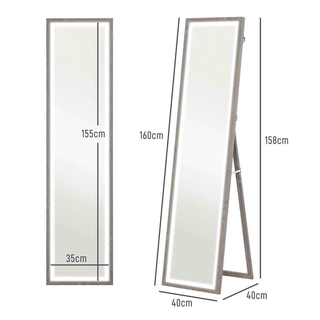 LED Full-Length Mirror, 40 x 160 cm, Touch Control, Dimmable, 3 Colors, Grey