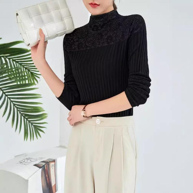 Design Sense Lace Splicing Bottom Knitted Sweater Women's Autumn New Curled Semi-turtleneck Silk Sweater Women's
