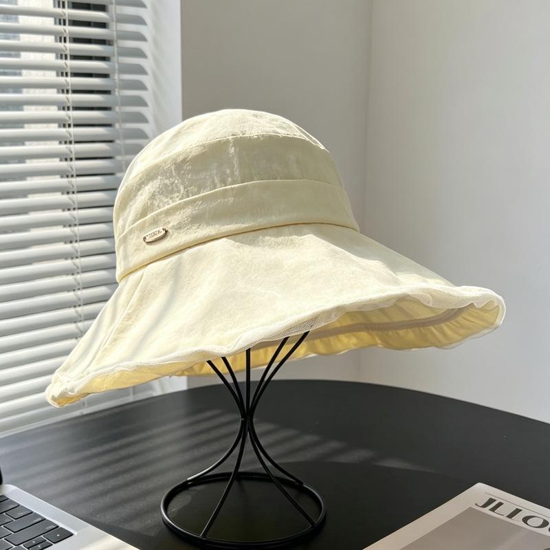 Simple commuter wind lotus leaf edge empty top sunscreen hat female summer big brim sun hat showing small face travel versatile mesh gauze hat