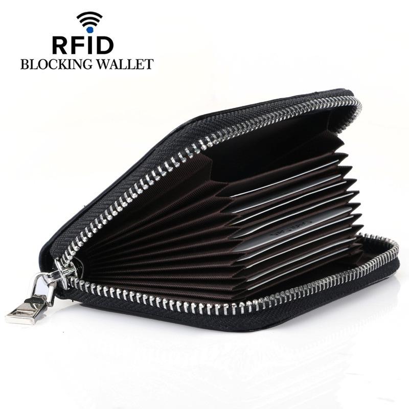 Genuine Leather RFID Accordion Card Holder with Zipper - Multi-Card Slots for Men and Women