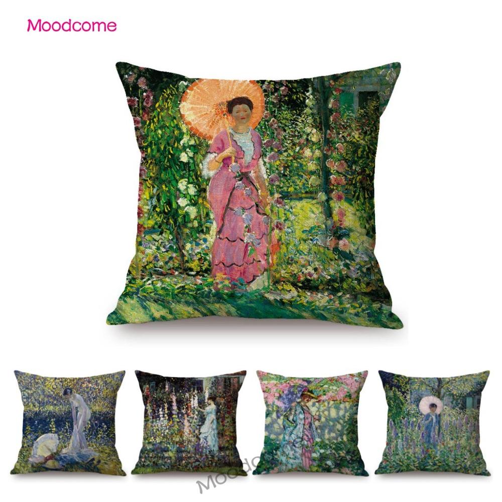 Us Frederick C. Frieseke Impressionism Oil Painting Flower Garden Madame Lady Girl Sofa Pillow Case Green Spring Cushion Cover