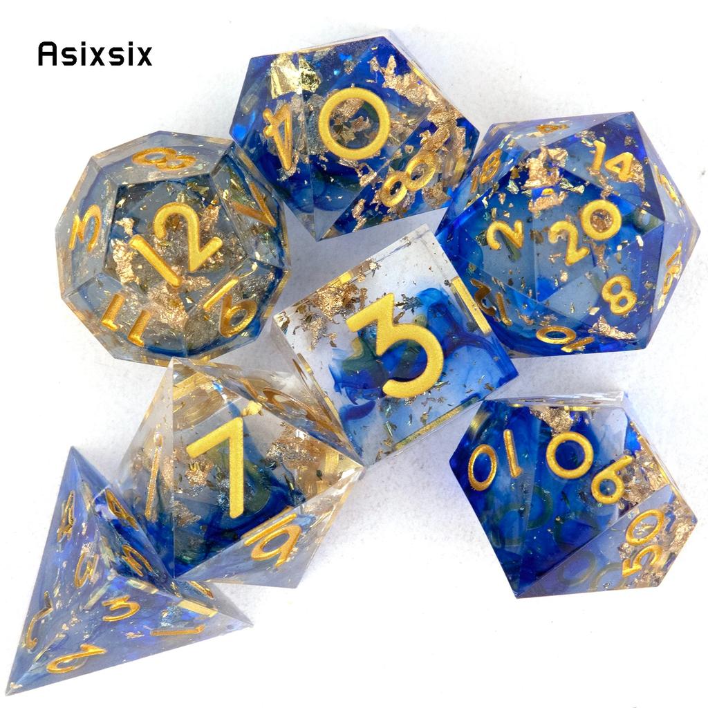 7 Pcs Blue Golden Number Sharp Edge Resin Dice Polyhedral Dice Suitable for Role-Playing RPG Board Game