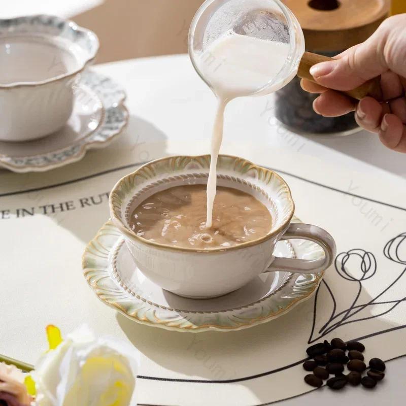 Легкие роскошные ретро керамические чашки для домашнего чаепития кофейная чашка креативный рельеф изысканный набор тарелок для кофейных чашек подарок на день рождения