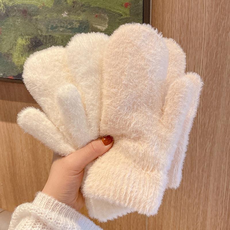 Women Winter Keep Warm Plus Cashmere Thicken Mink Fleece Solid Cute Lovely Outdoor Windproof Cycling Full Finger Mittens Gloves