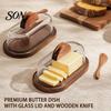 Rectangular Butter Server with Lid Wooden Dish Glass And Knife, Holder for Kitchen Keeper Wood Base Countertop & Refrigerator, Tray, Container, Cheese