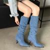 Осень-зима 2025 остроносые сапоги-чулки с голенищем-гармошкой на тонком каблуке джинсовые на высоком каблуке ботфорты до колена женские