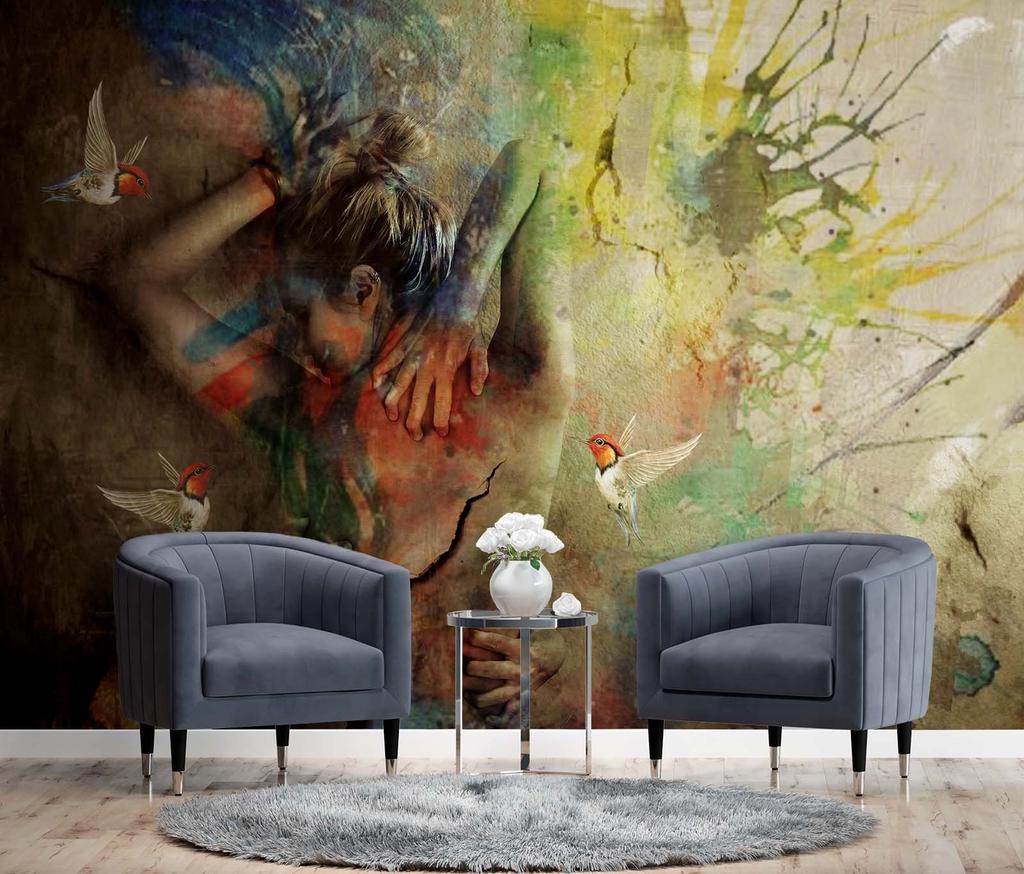 Wallpaper Woman with Hummingbirds as Painted