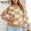 Женская мода, повседневный клетчатый принт, осень-зима, свободные свитера с длинным рукавом и круглым вырезом
