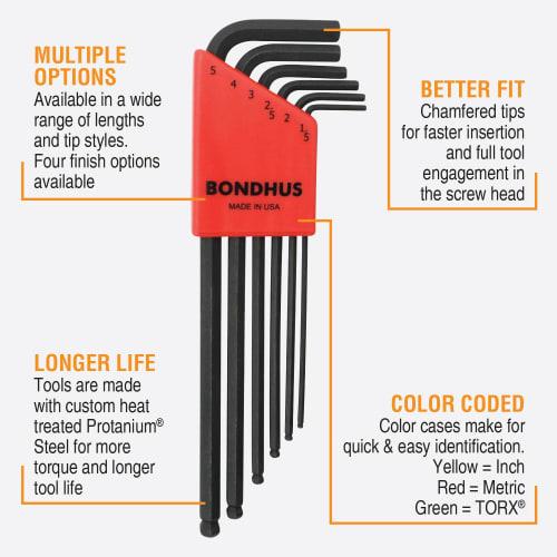 Made In USA, BONDHUS Hex Ball Point L-Wrench Long Set, Black Oxide Finish, 6-Piece Set (1.5, 2, 2.5, 3, 4, 5mm) BLX6M No. 10946