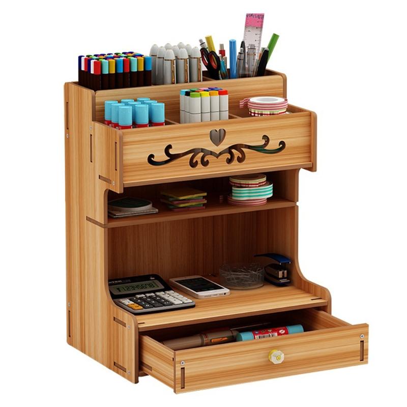 Wooden Pen Holder with Drawer Multi-Functional Desktop Stationary Pencil Box Home Office Art Supplies Organizer Rack