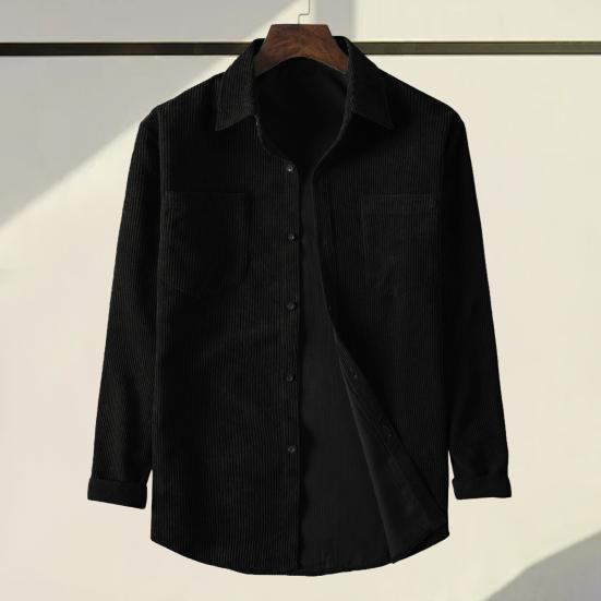 Men Corduroy Shirt Turn-down Collar Single-breasted Solid Color Loose Cardigan Retro Style Mid Length with Chest Pockets Top for Daily Wear Commuting