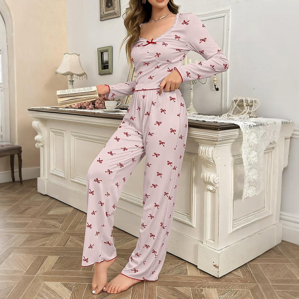 Women's Pajamas Bowknot Long Sleeve Pants Set Printed Set