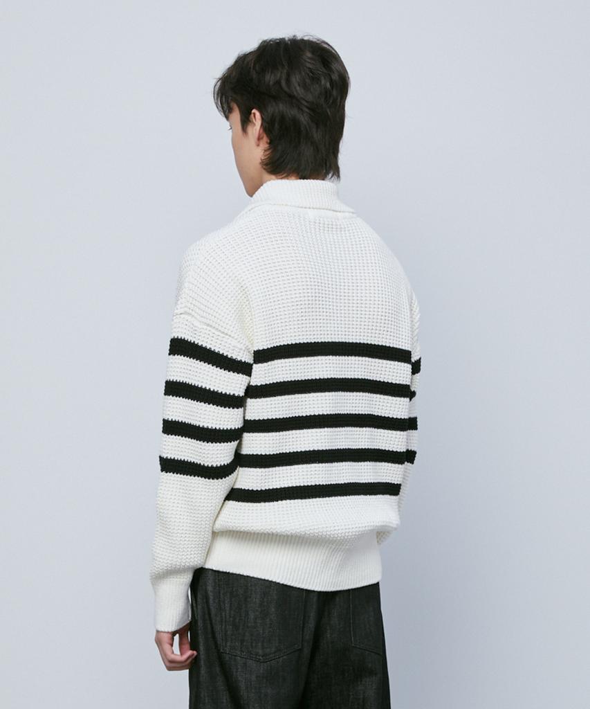 KNITTED Soft Cotton Heavy Waffle Half Zip Knit Stripe Ivory