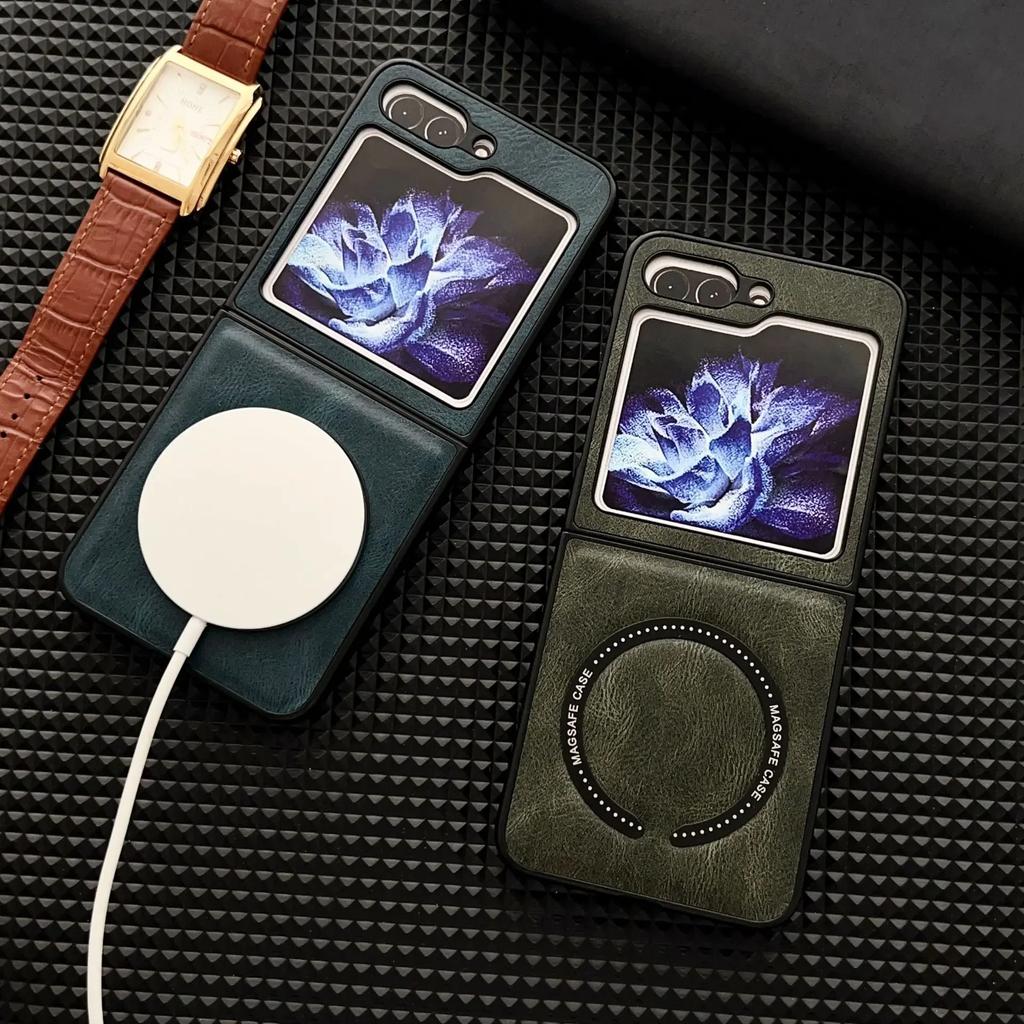 Кожаный чехол для телефона с магнитной беспроводной зарядкой Magsafe для Samsung Galaxy Z Flip 7 6 5 4 3 Flip5 Flip4 Flip6 Ударопрочный чехол