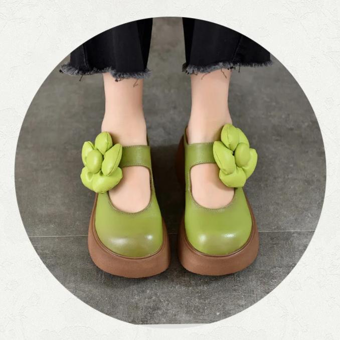 Johnature Detachable Large Flower Round Toe Women's Slippers Genuine Leather Lightweight Thick Soled Sandals