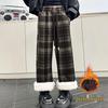 Девичьи флисовые брюки с высокой талией, в клетку, с широкими штанинами, шерстяные