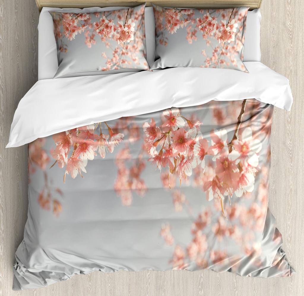 Cherry Blossoms Duvet Cover King/Queen Size,Japanese Sakura Tree Pink Floral Spring Vintage Cultural Bedding Set for Women Girls