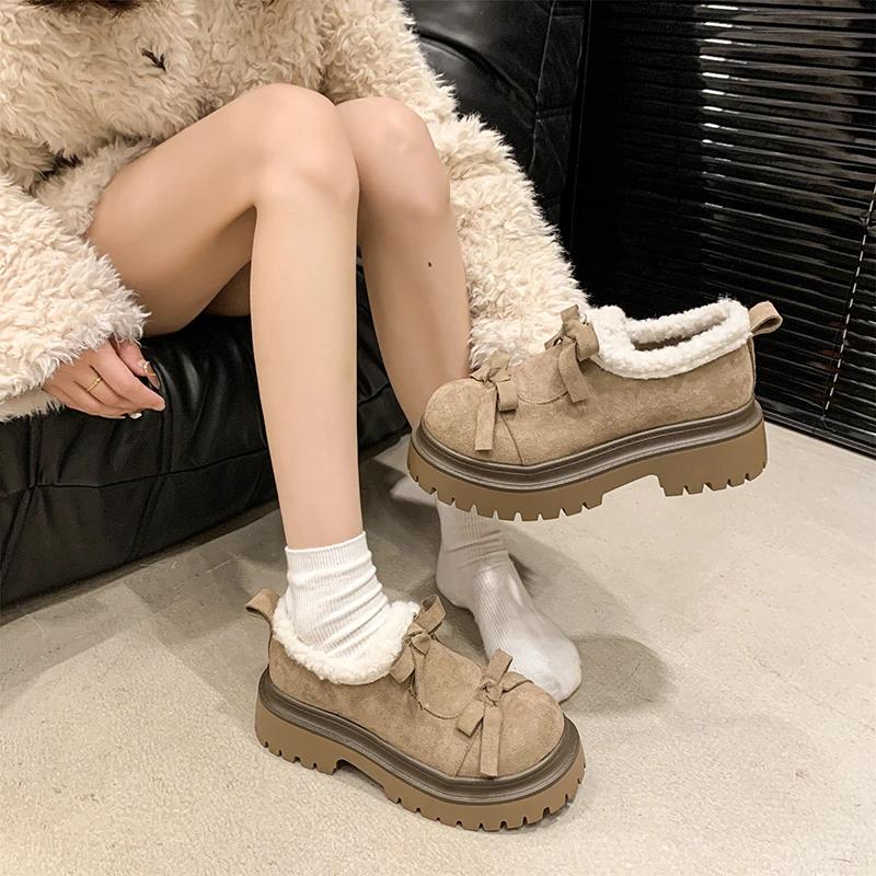 Меховые мокасины с бантом на платформе, женские замшевые туфли на плоской подошве из плюша и хлопка, брендовая зимняя теплая повседневная обувь для женщин 2025 года, тренд, удобные ботинки Mujer