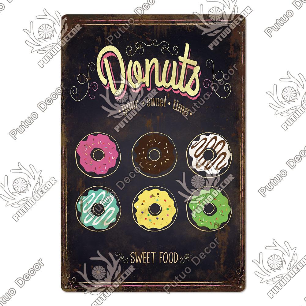 Putuo Decor Donuts Dessert Vintage Plaque Metal Plate Tin Sign Wall Art Decor Retro Poster for Kitchen Cafe Home Iron Painting