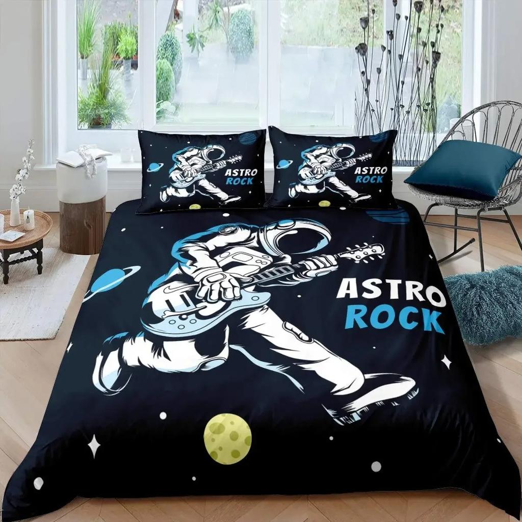 Astronaut Duvet Cover Set Astronaut Playing Guitar Bedding Set Teen Boys Kids Galaxy Stars Outer Space Polyester Comforter Cover