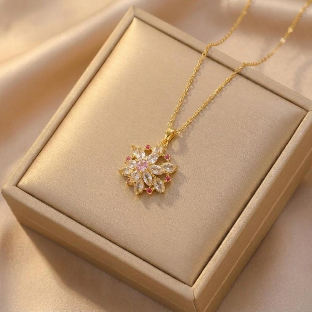 Cute Plant Female White Zircon Stone Pearl Flower Skeleton Pendant Necklace Gold Color Wedding Jewelry For Women