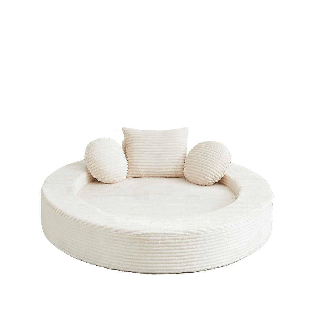A versatile 4-in-1 sofa bed, which can be used both as a semi-circular sofa and as a round daybed, Two round cushions and one square cushion