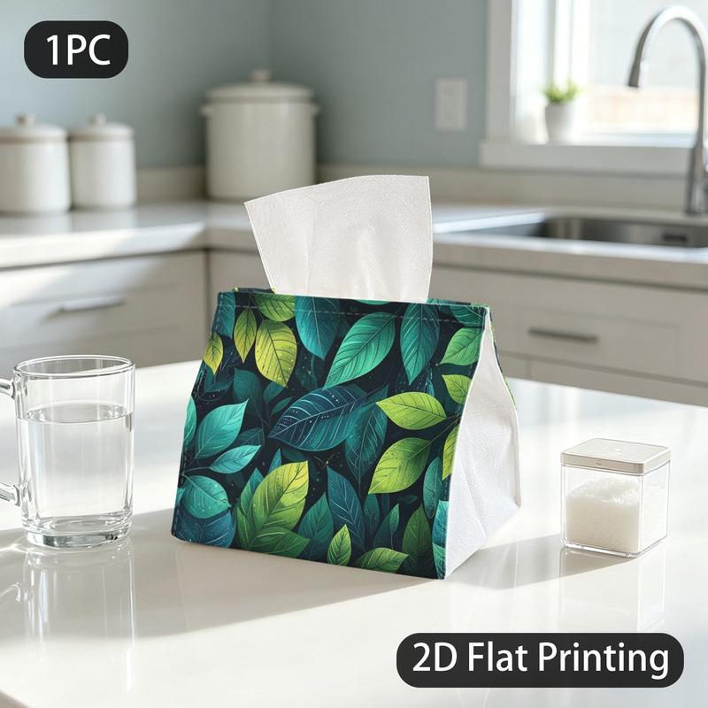 1pc Tissue Box, Stylized Green Leaves Fresh Natural Vibe Pattern, 2D Flat Printing, Crafted with Strong Polyester, Built to Last, Napkin Box, for Wash