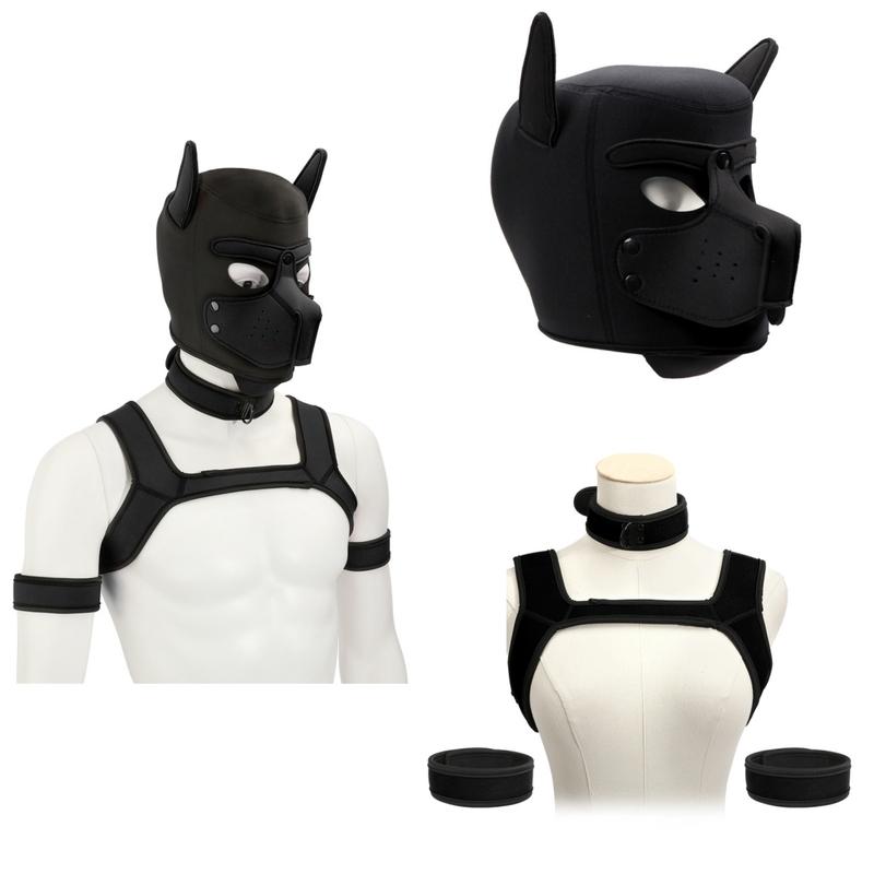 4Ps Unisex Sexy Exotic Costumes Padded Rubber Full Head Hood Masks With Collar for Dog Roleplay Accessories Padded Puppy Cosplay
