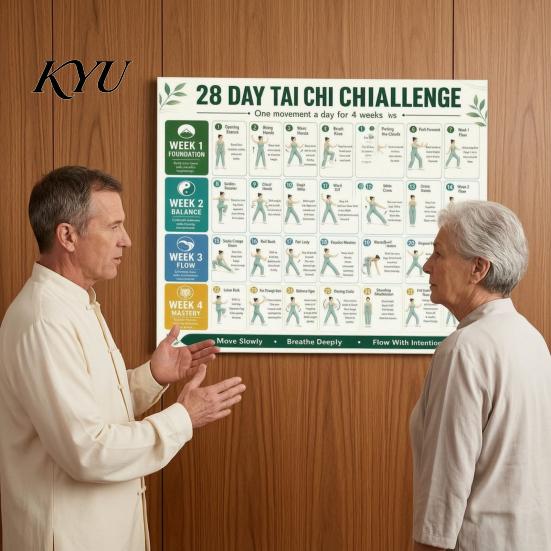 Mindful Body Awareness 28 Day Tai Chi Challenge Poster, Beginner Guide Chart, Physical Therapy Aid Standing Home Workout Routine, Gentle Exercises for