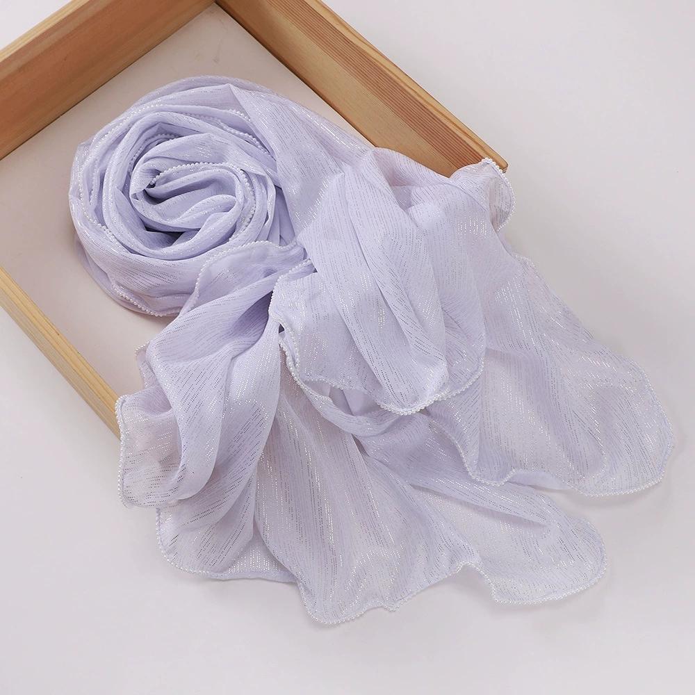 Chiffon Gold and Silver Wire Light Thin Women's Casual Pearl Edge Shawl Headscarf Hijab Scarves