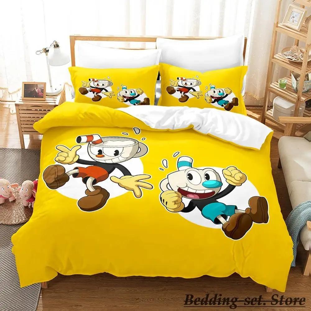 Милый постельный комплект Cuphead Mugman Односпальный Двуспальный Полный Queen King Размер Постельное белье Взрослый Детская спальня Пододеяльник Комплекты Аниме Игра Постельные принадлежности