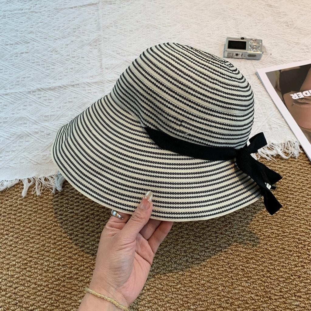 New striped strap large brim bucket hat women's summer foldable sun protection UV protection outdoor sun hat