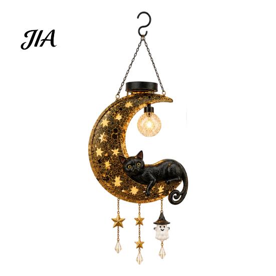 Whimsical Cat Sculpture for Garden Solar Halloween Hanging Moon Lamp with Ghost Star Charm, Black on Crescent Illuminated Outdoor Decor Home