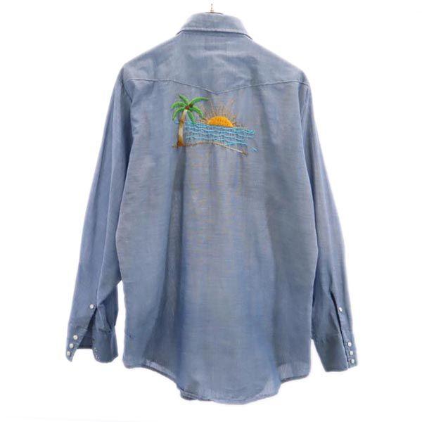 Sears Винтажная рубашка 70-х годов в западном стиле из шамбре с длинным рукавом Синяя Мужская Б/У