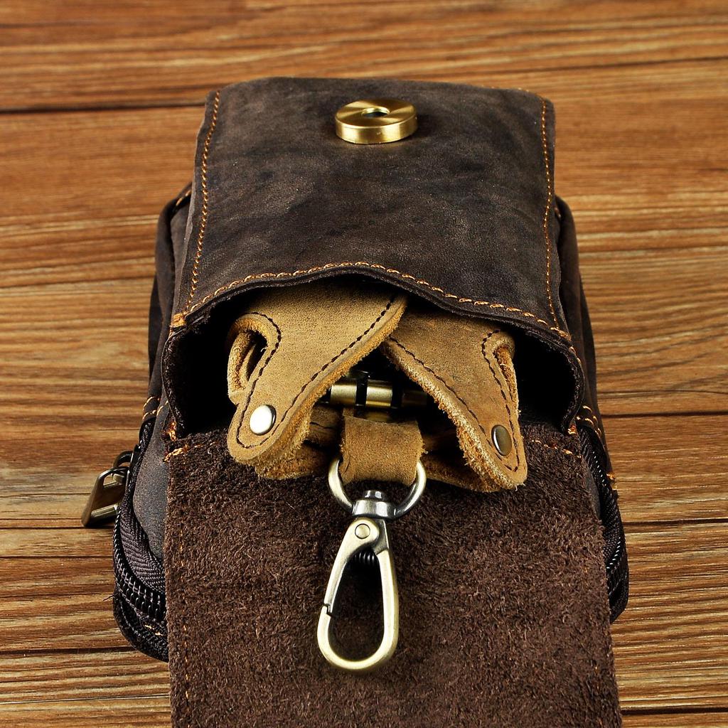 Real Leather Men Casual Design Small Waist Bag Cowhide Fashion Hook Bum Bag Waist Belt Pack 6" Phone Pouch