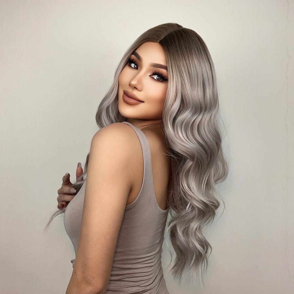 Длинные волнистые серые синтетические парики с эффектом омбре, средняя часть для женщин, платиновые парики для косплея, термостойкие волокна, парики