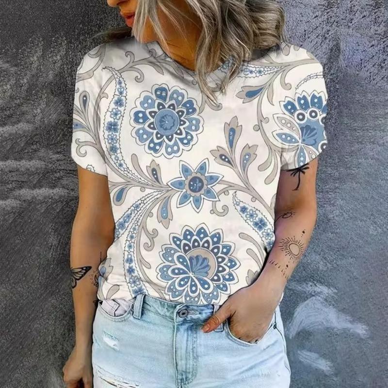 Elegant Women's T-shirt Fashion Retro Flower 3D Pattern Print T-shirt Women's Short Sleeved T-shirt Summer Leisure T-shirt